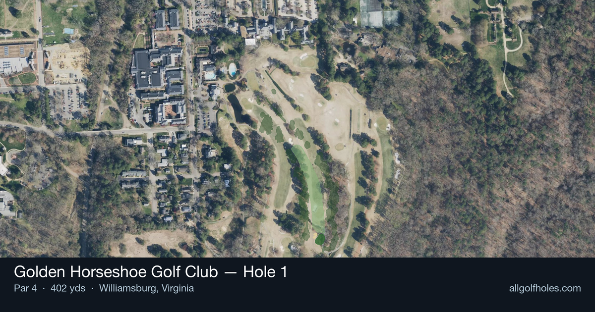 Hole 1 aerial at Golden Horseshoe Golf Club