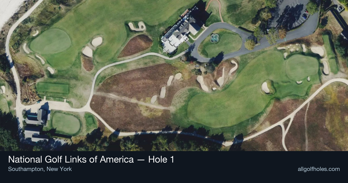 Hole 1 aerial at National Golf Links of America