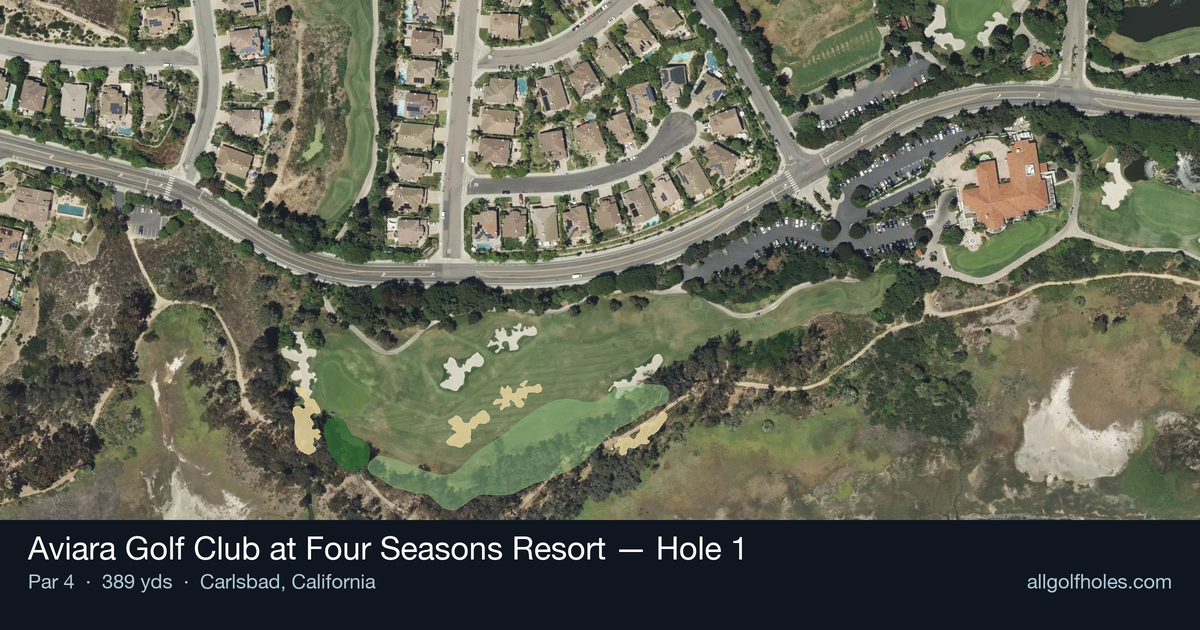 Hole 1 aerial at Aviara Golf Club at Four Seasons Resort
