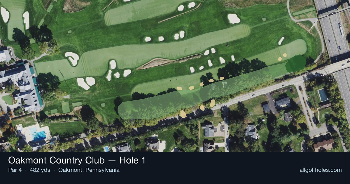 Hole 1 aerial at Oakmont Country Club