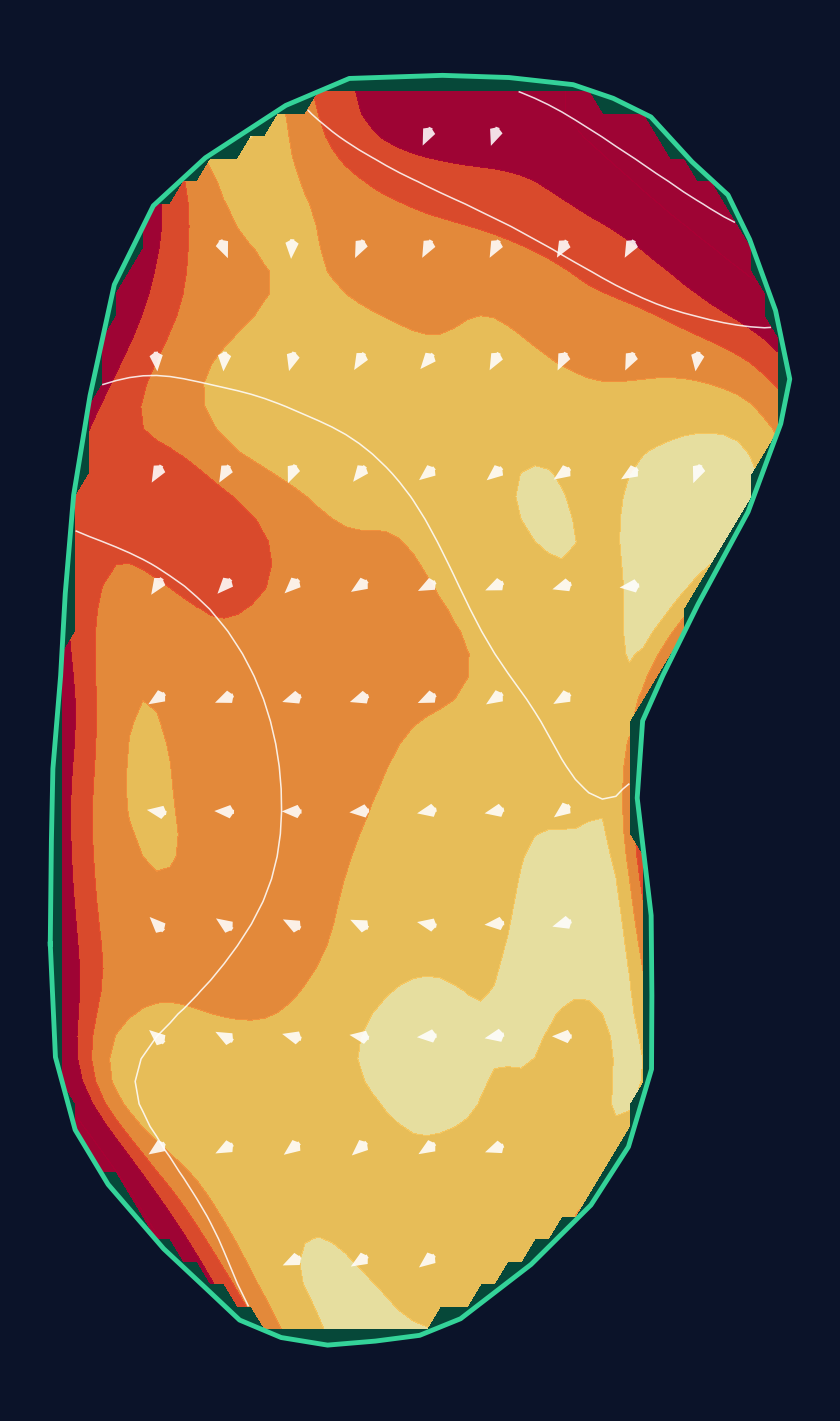 Hole 1 green slope contour at TPC Scottsdale (Stadium course)