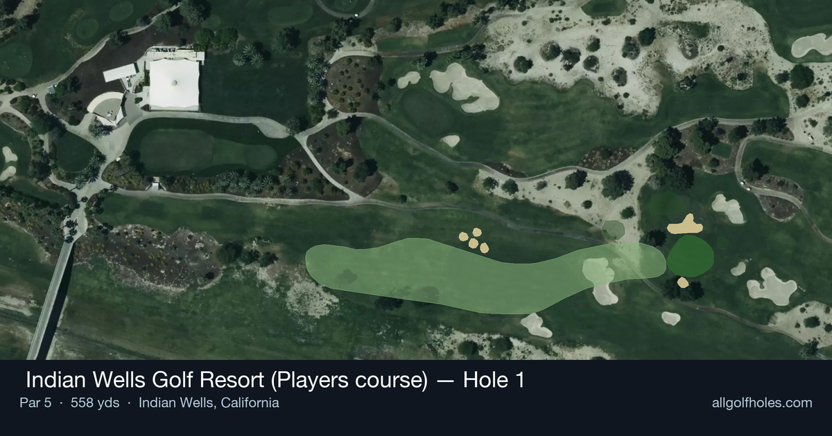 Hole 1 aerial at  Indian Wells Golf Resort (Players course)