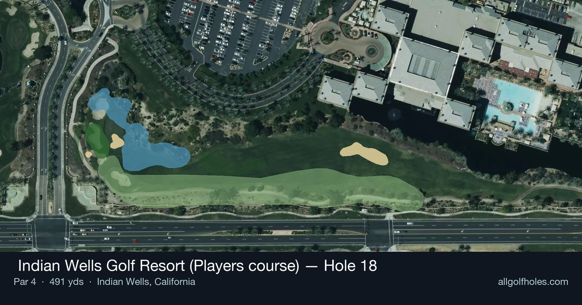 Hole 18 aerial at  Indian Wells Golf Resort (Players course)