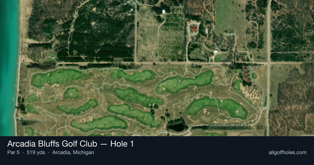 Hole 1 aerial at Arcadia Bluffs Golf Club