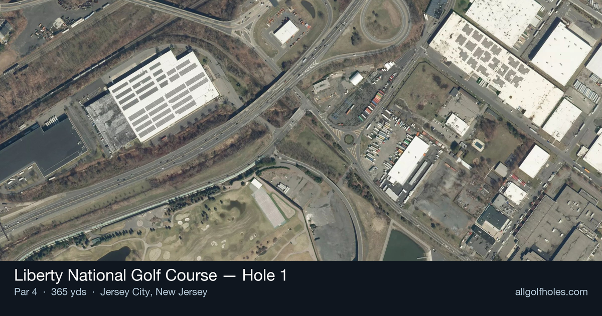 Hole 1 aerial at Liberty National Golf Course