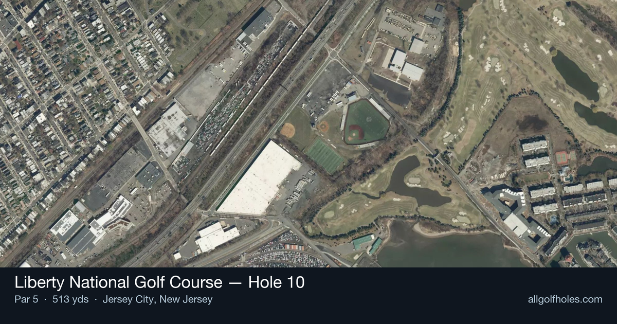 Hole 10 aerial at Liberty National Golf Course