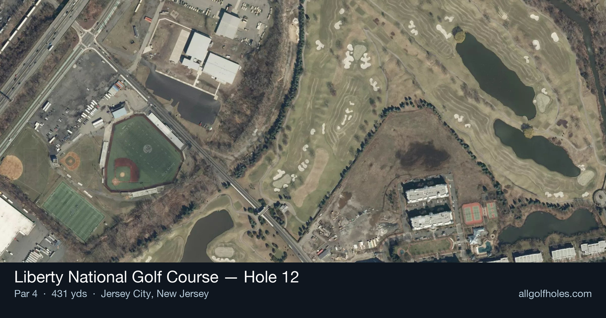 Hole 12 aerial at Liberty National Golf Course