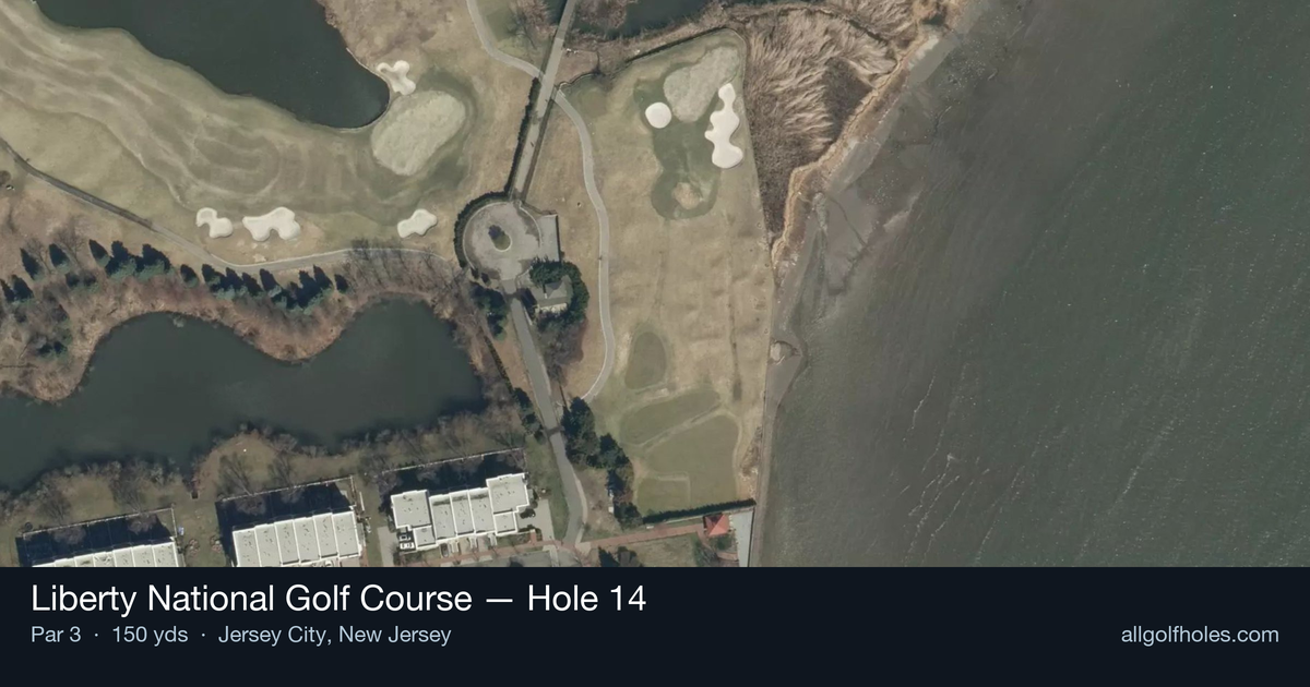 Hole 14 aerial at Liberty National Golf Course