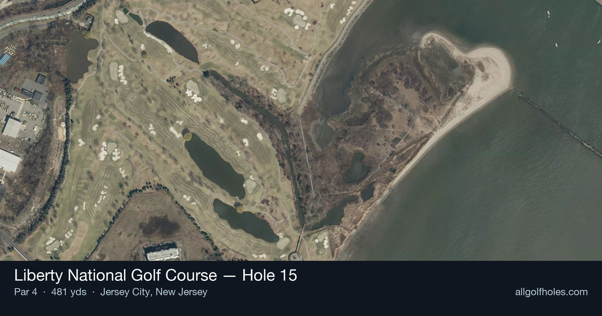 Hole 15 aerial at Liberty National Golf Course