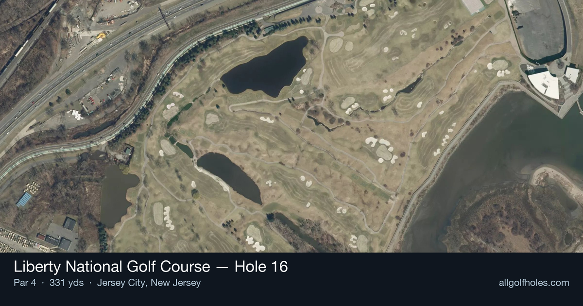 Hole 16 aerial at Liberty National Golf Course