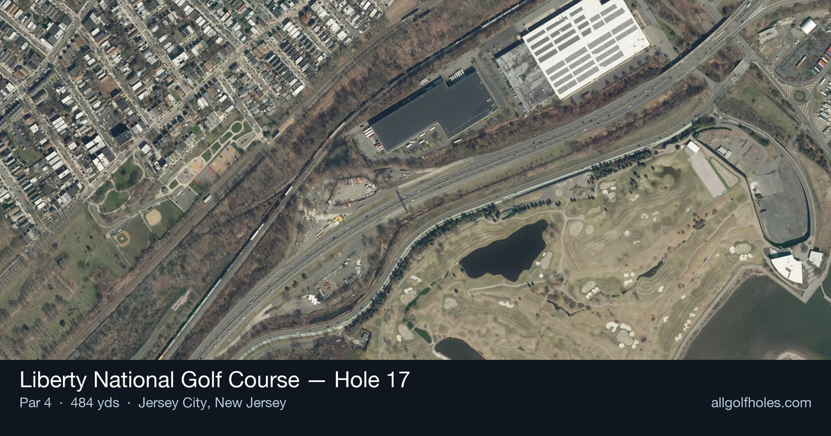 Hole 17 aerial at Liberty National Golf Course