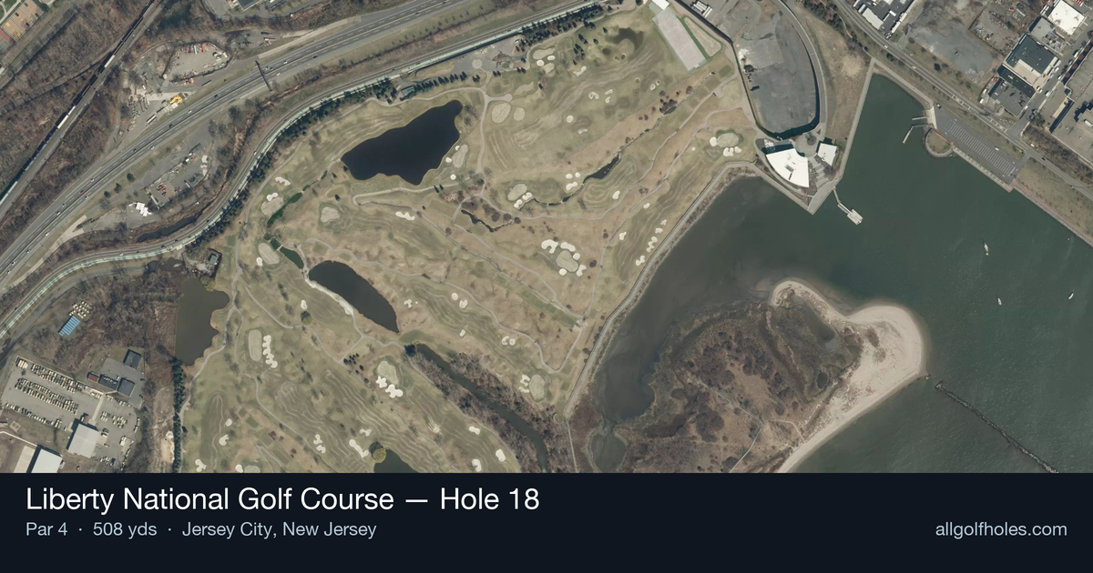 Hole 18 aerial at Liberty National Golf Course