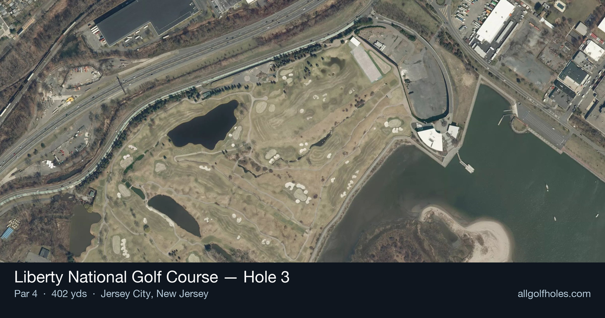 Hole 3 aerial at Liberty National Golf Course