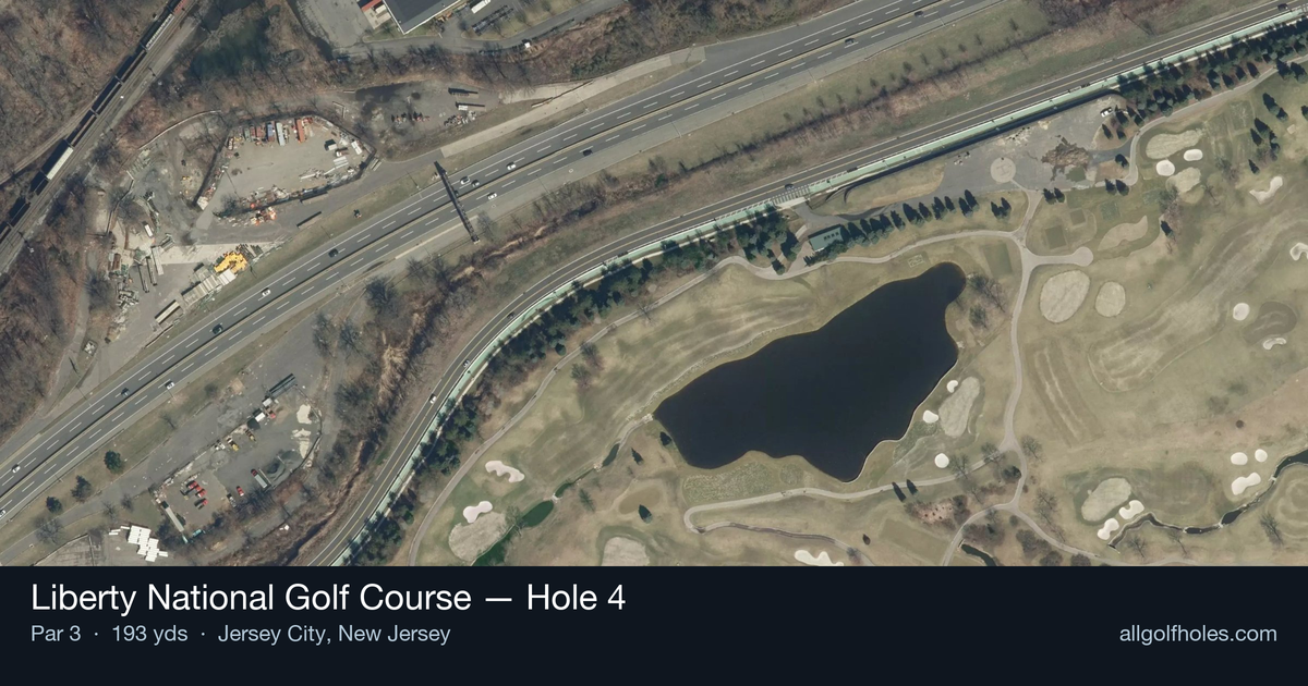 Hole 4 aerial at Liberty National Golf Course
