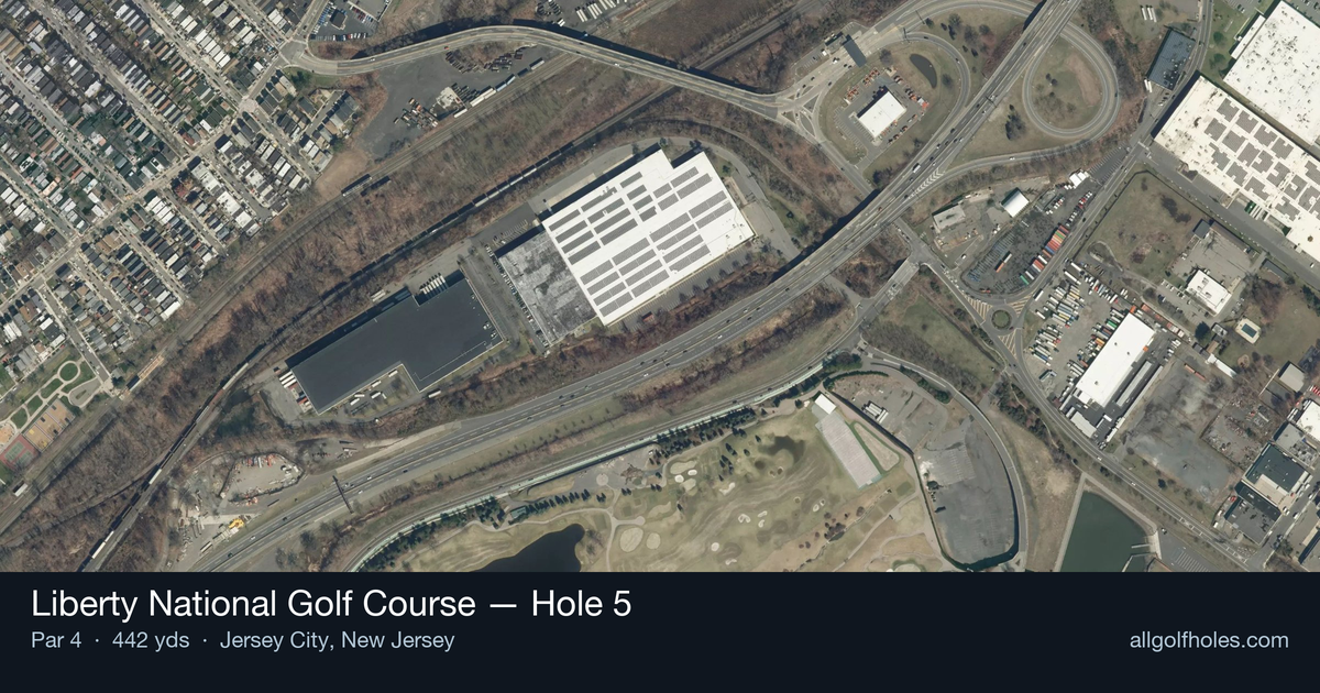 Hole 5 aerial at Liberty National Golf Course