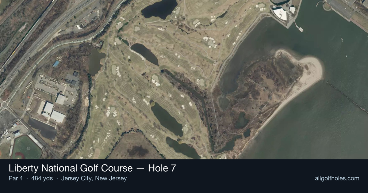 Hole 7 aerial at Liberty National Golf Course