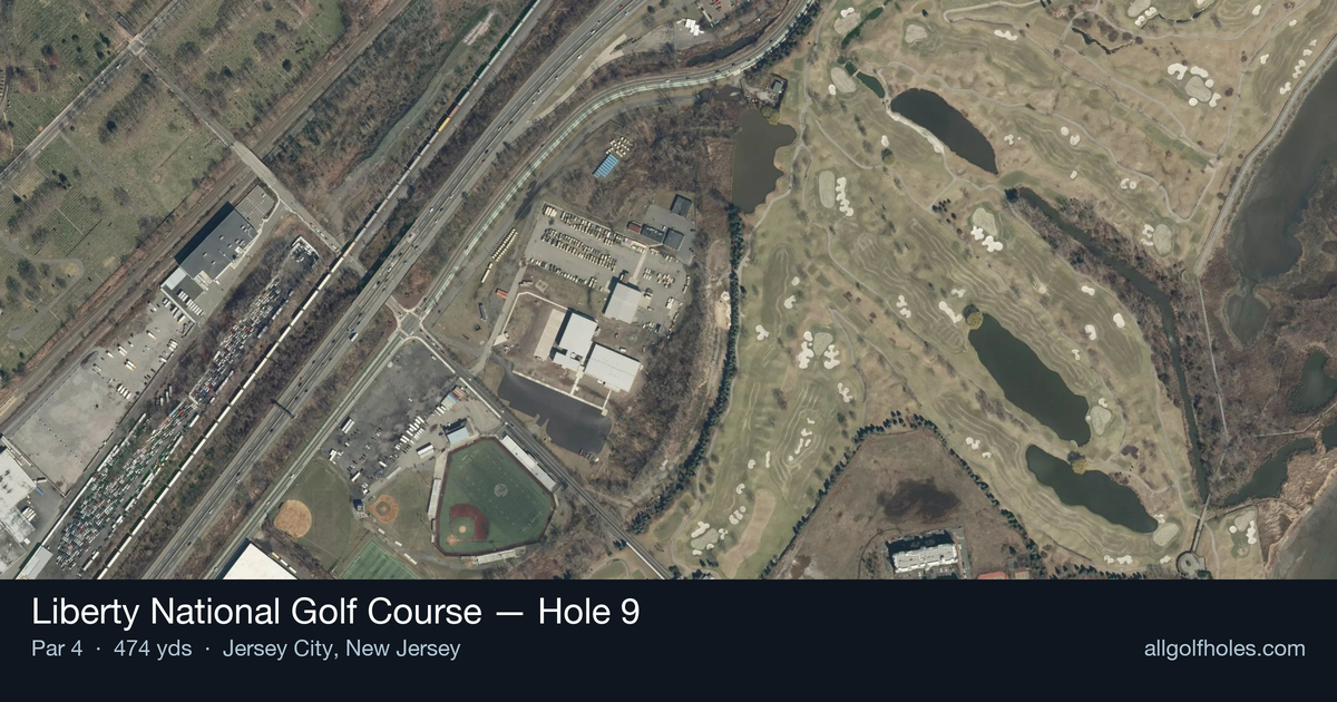 Hole 9 aerial at Liberty National Golf Course