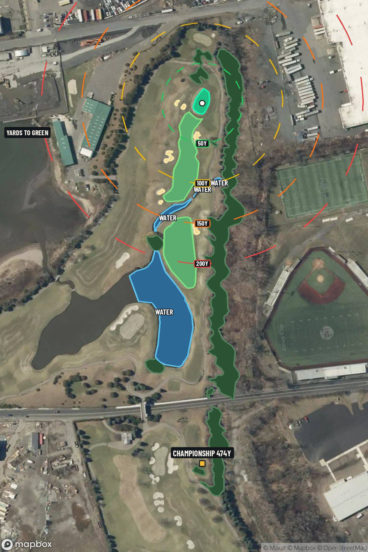 Hole 9 aerial at Liberty National Golf Course