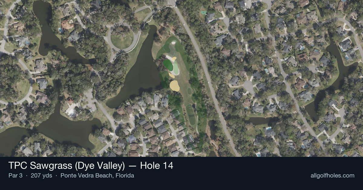 Hole 14 aerial at TPC Sawgrass (Dye Valley)