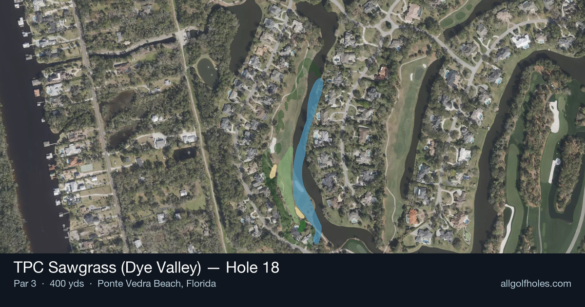 Hole 18 aerial at TPC Sawgrass (Dye Valley)
