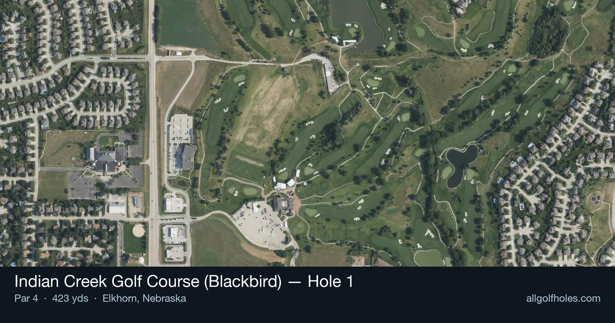 Hole 1 aerial at Indian Creek Golf Course (Blackbird)