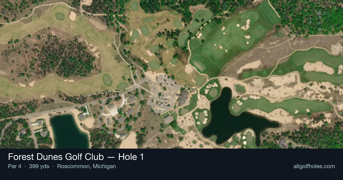 Hole 1 aerial at Forest Dunes Golf Club