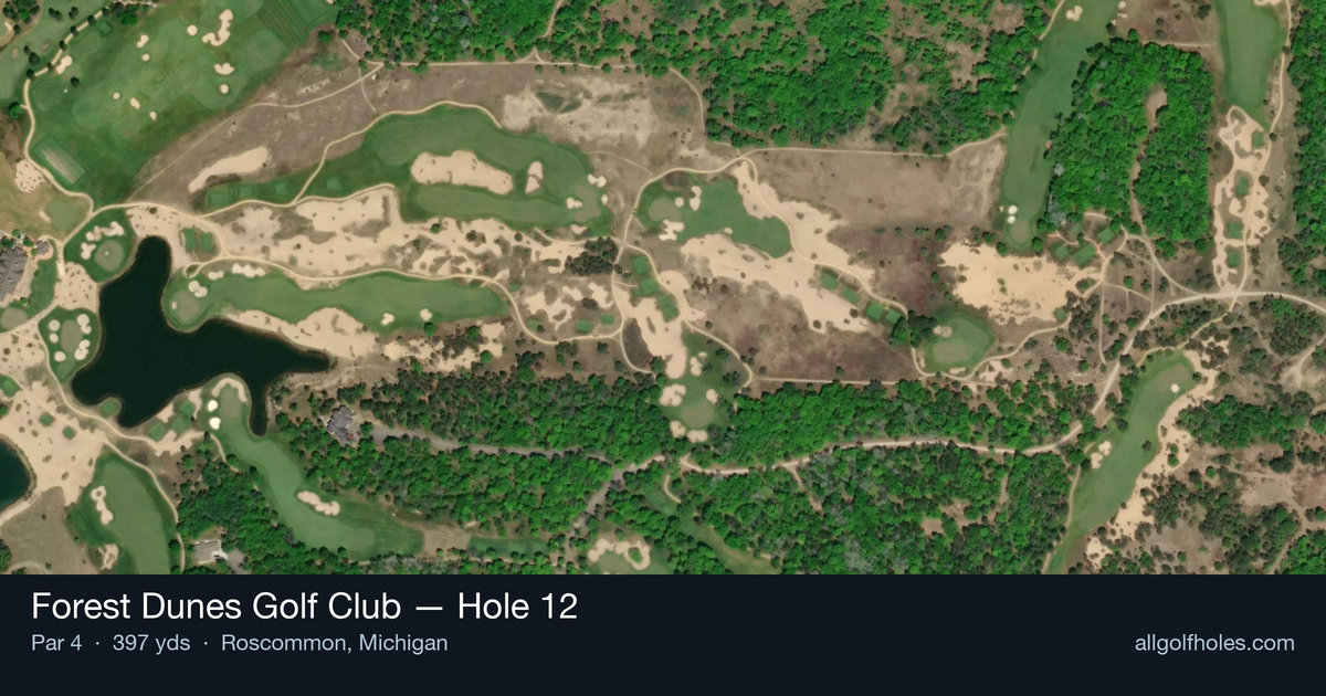 Hole 12 aerial at Forest Dunes Golf Club