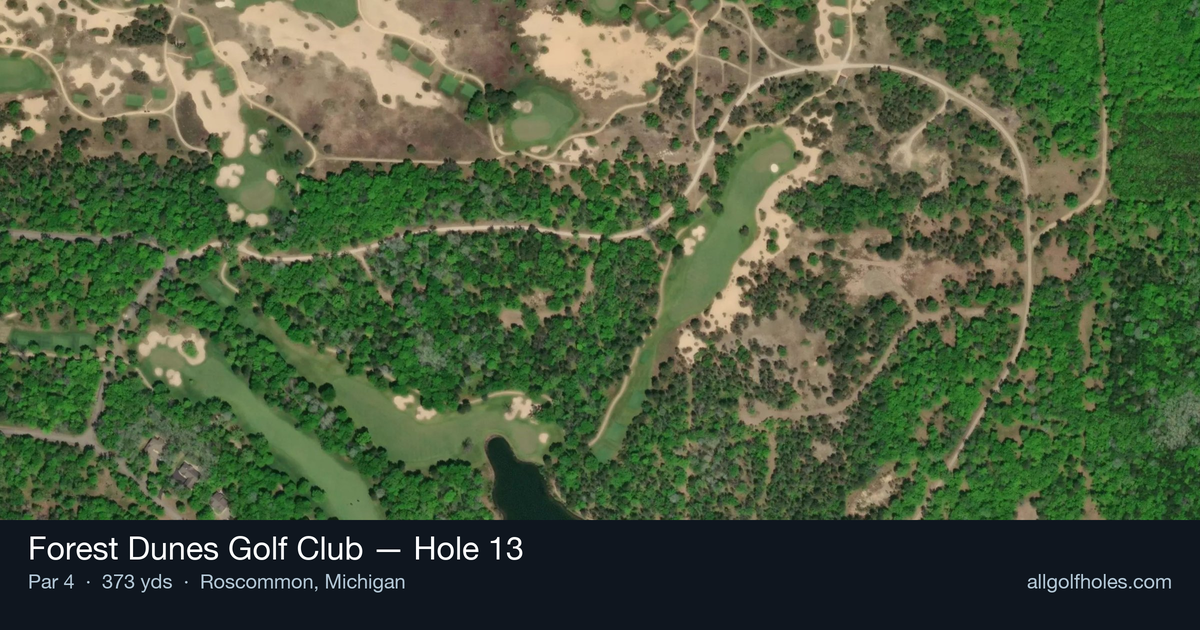 Hole 13 aerial at Forest Dunes Golf Club