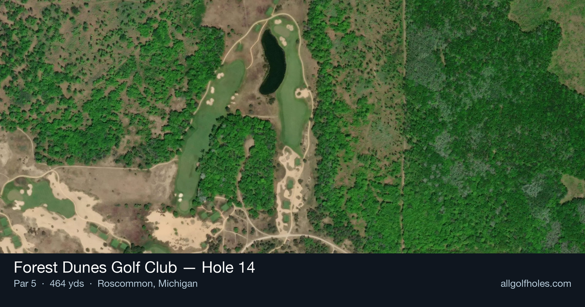 Hole 14 aerial at Forest Dunes Golf Club