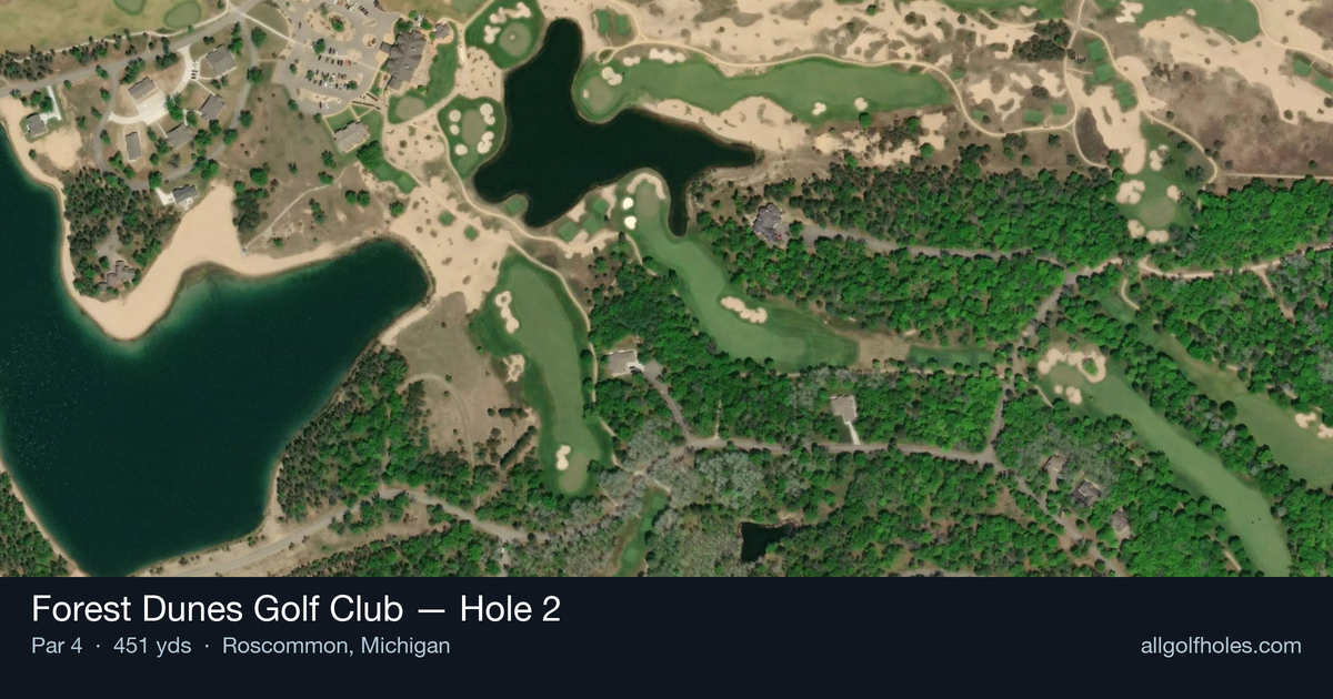 Hole 2 aerial at Forest Dunes Golf Club