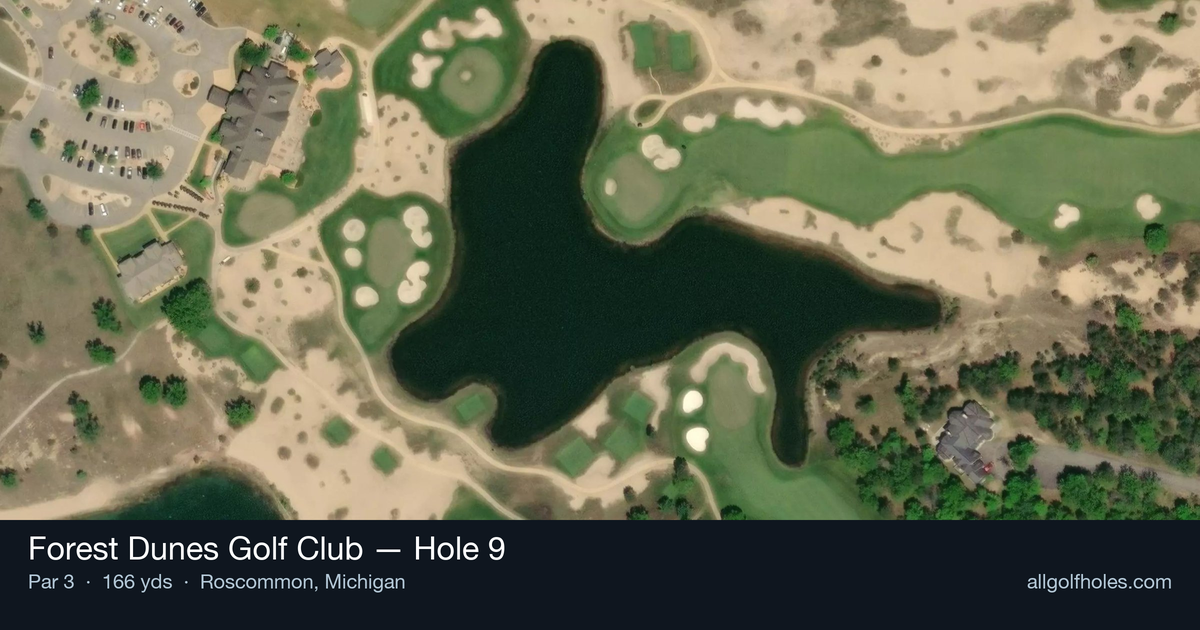 Hole 9 aerial at Forest Dunes Golf Club